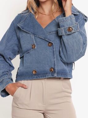 NWT Petal & Pup Cropped Blue Denim Double-Breasted Jacket